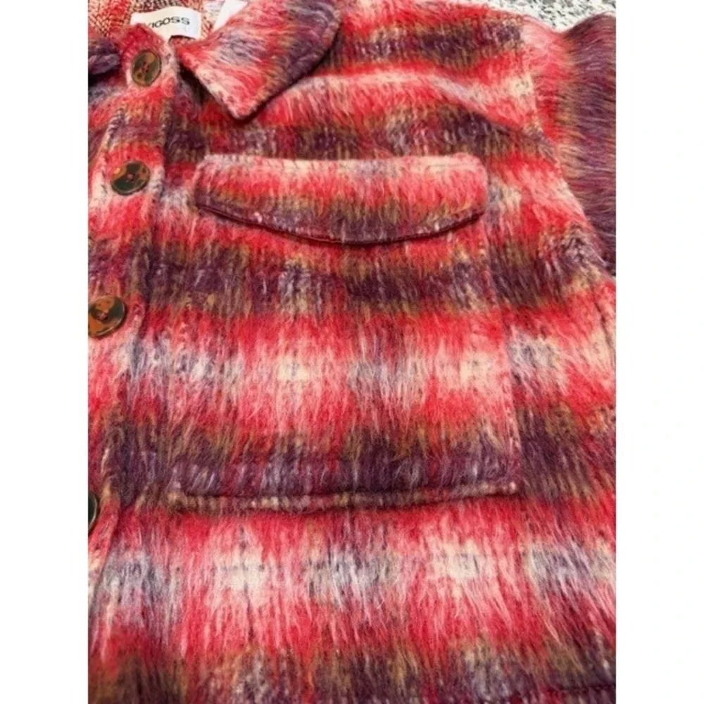 Vigoss Womens L Plaid Shacket Red Purple Fuzzy Cropped‎ Button Front Jacket NWT